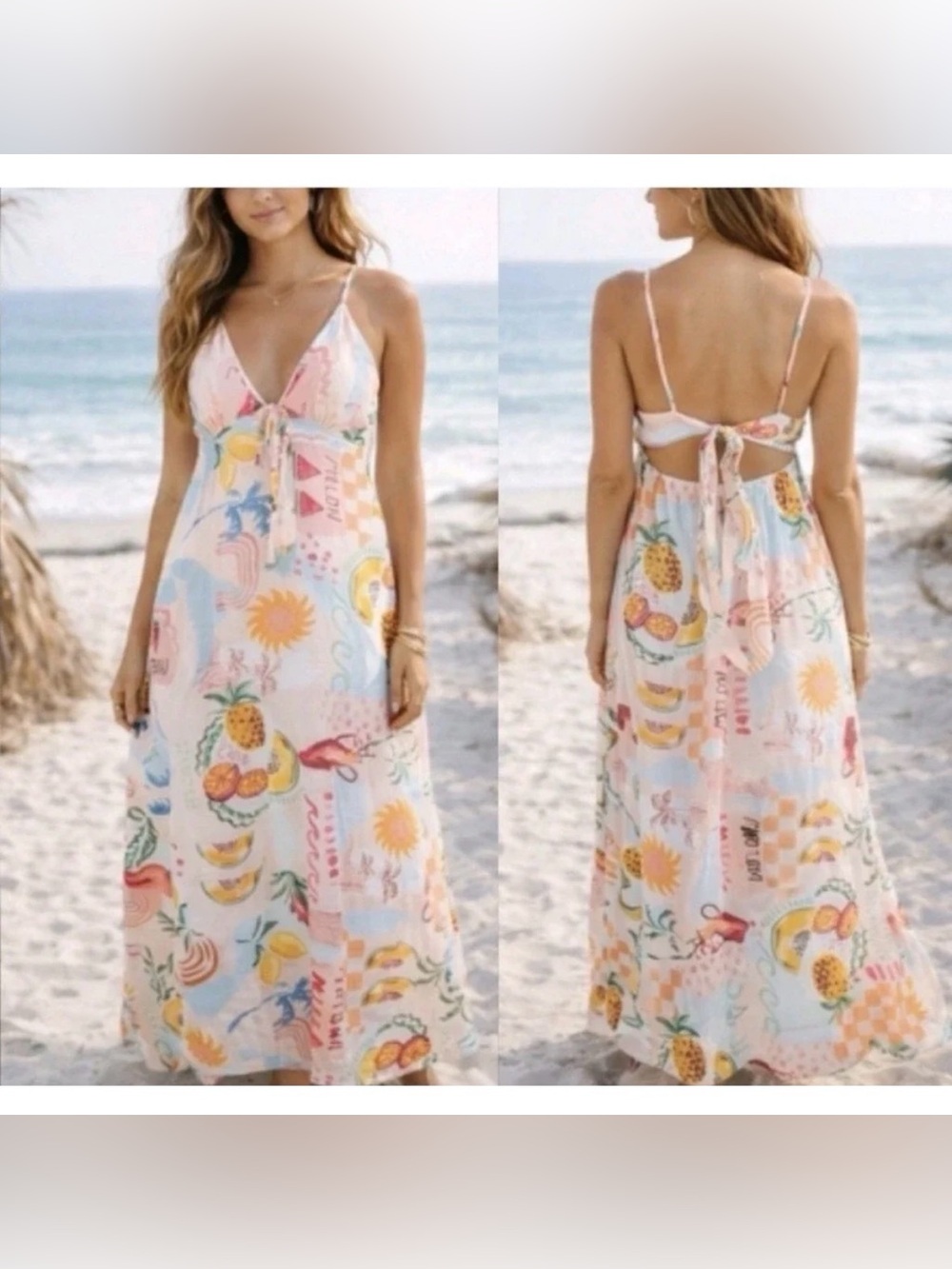 Paper Heart Tropical Fruit Print Linen Blend Maxi Dress M Pink Peach Boho